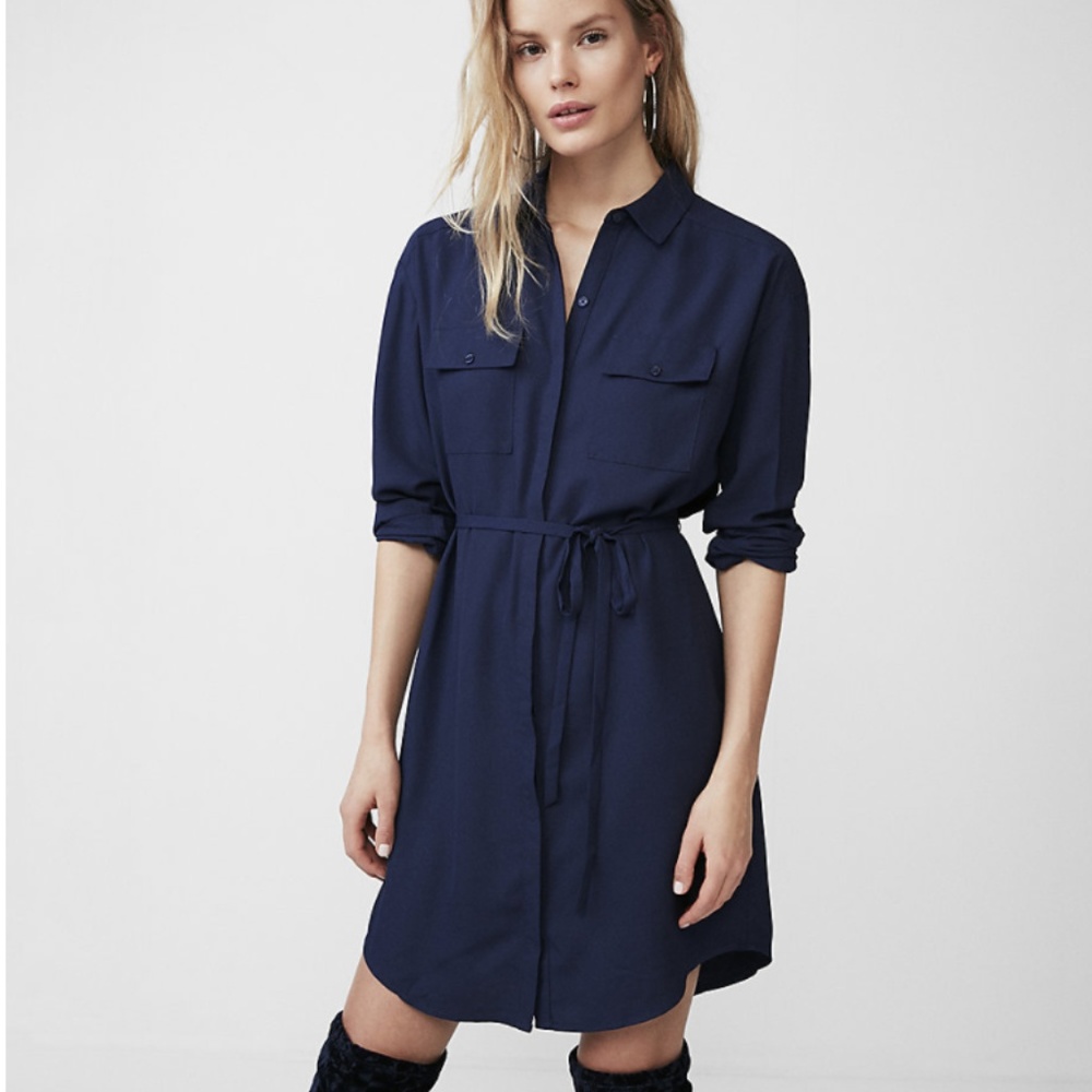 Express Long Sleeve Pocket Shirt Dress Navy Blue